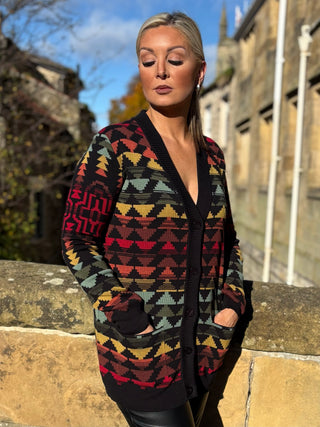 Marley Cotton Wool Blend Jacquard V-Neck cardigan in Multi