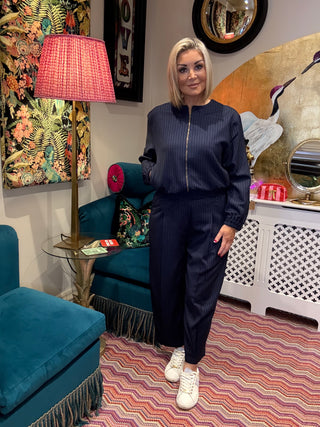 Pinstripe Pleat Front Elastic Waist Trouser Navy