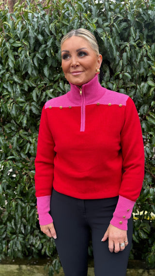 Gold Button 1/4 Zip Jumper Cerise & Red