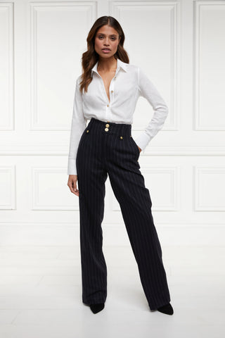 High Waisted Straight Trouser Navy Chalk Pinstripe