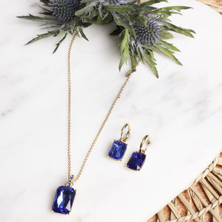 NECKLACE 14K G PTD CROWN CRYSTAL PENDANT BLUE