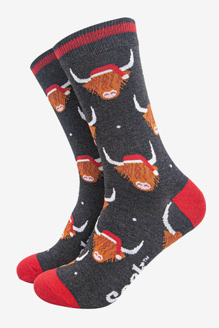 Men's Bamboo Socks - Black Marl/Red , Santa Highland Cow