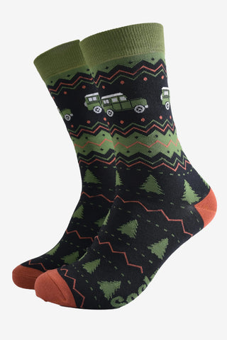 Men's Bamboo Socks - Black/Green, Off Roader Fair Isle