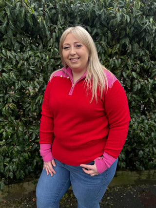 Gold Button 1/4 Zip Jumper Cerise & Red
