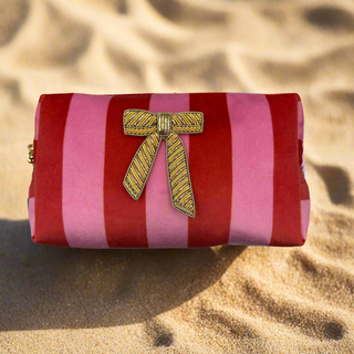 Pink stripe make-up bag & Bow brooch
