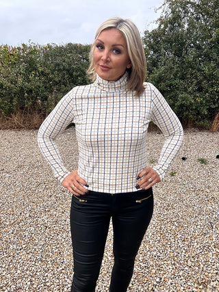 New Blue and Tan Ladies Cosy Roll Neck Top