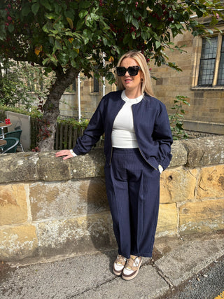 Pinstripe Zip Front Bomber Jacket Blue