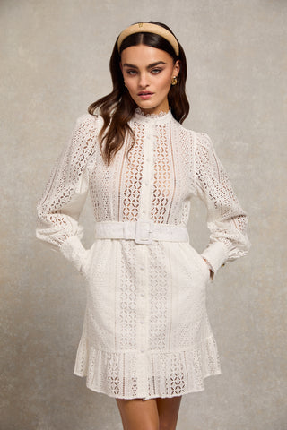 Collarless Broderie Mini Dress White