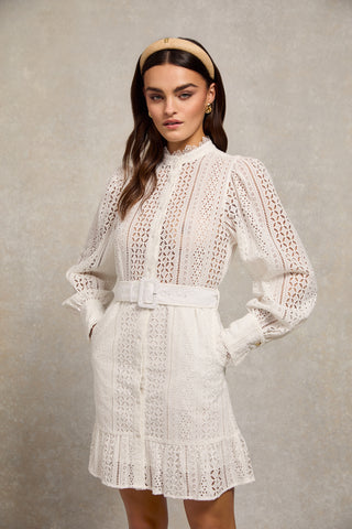 Collarless Broderie Mini Dress White