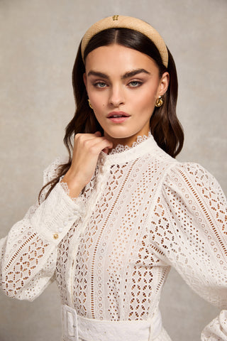 Collarless Broderie Mini Dress White