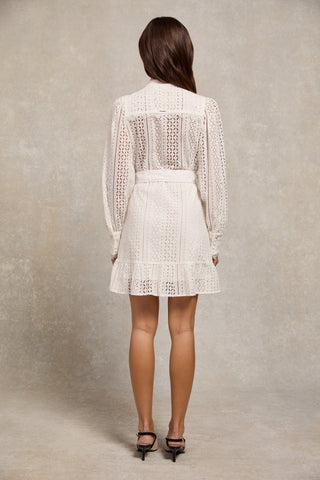 Collarless Broderie Mini Dress White