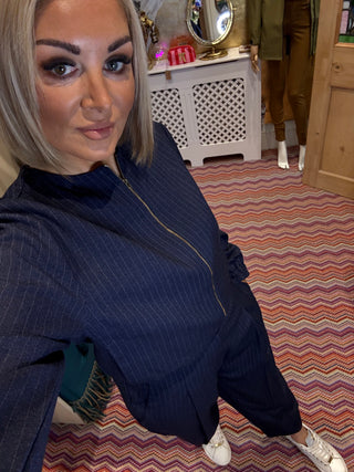 Pinstripe Zip Front Bomber Jacket Blue