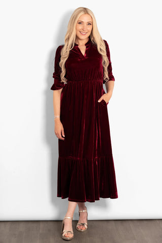 Pandora V-Neck Midiaxi Dress in Berry Velvet