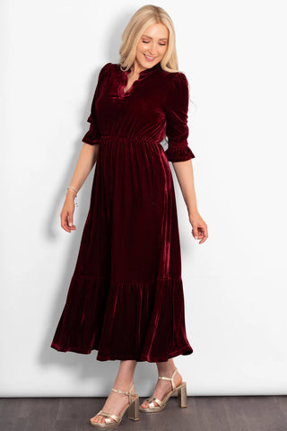 Pandora V-Neck Midiaxi Dress in Berry Velvet