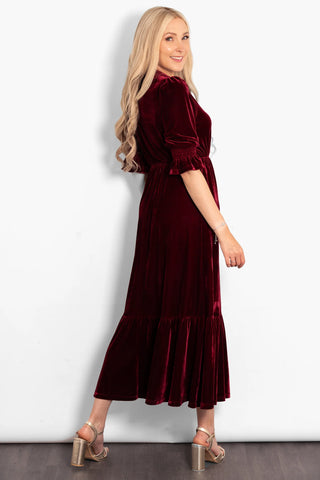 Pandora V-Neck Midiaxi Dress in Berry Velvet