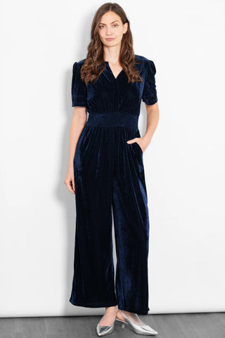 Lydia V-Neck Jumpsuit in Navy Blue Velvet