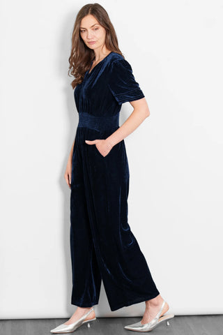 Lydia V-Neck Jumpsuit in Navy Blue Velvet