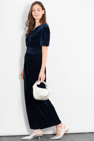 Lydia V-Neck Jumpsuit in Navy Blue Velvet