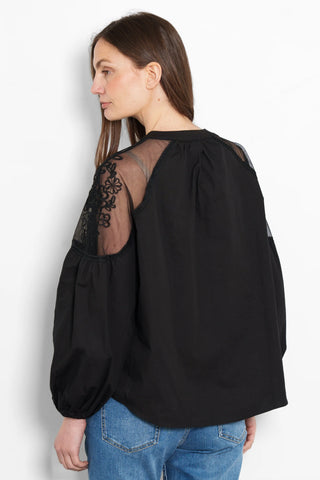Emmy Long Sleeve Cotton Shirt with Black Lace Detail