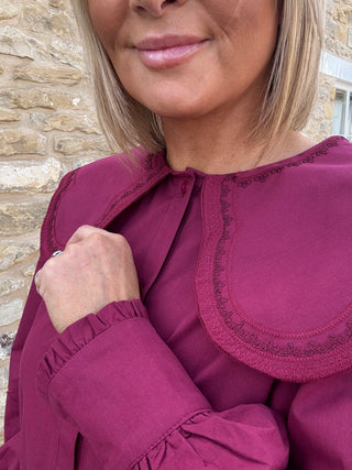 Cammie Long Sleeve Cotton Shirt in Berry with Pilgrim Collar