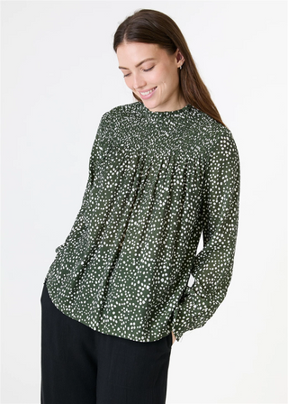 Mixed Ditsy Spot High Neck Shirred Blouse