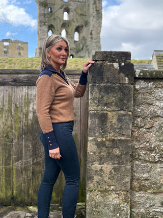 Gold Button 1/4 Zip Jumper Navy & Tan