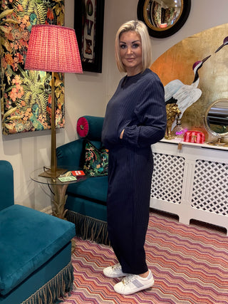 Pinstripe Zip Front Bomber Jacket Blue