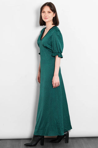 Elise V-Neck Tea Dress- Green/Teal, Polka Dot