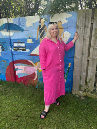 Finty X Oversized Long Shirt Dress with Side Slits Fuchsia Pink