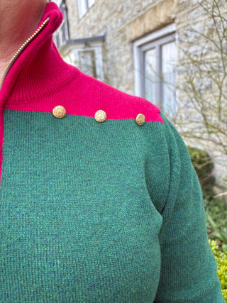 Gold Button 1/4 Zip Jumper Magenta & Forest Green