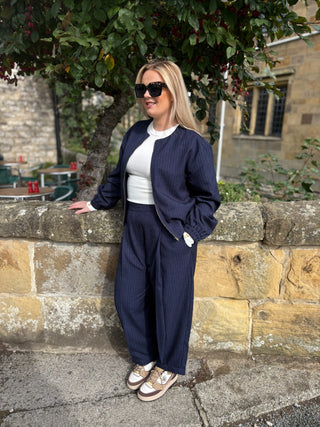 Pinstripe Zip Front Bomber Jacket Blue