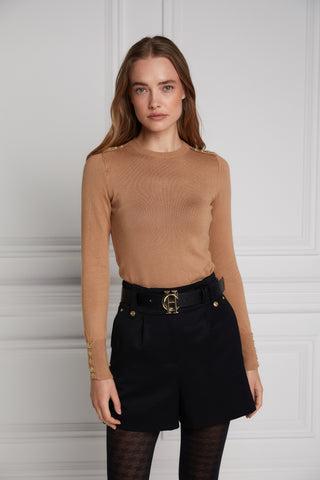 Buttoned Knit Crew Neck Dark Camel