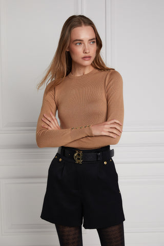 Buttoned Knit Crew Neck Dark Camel