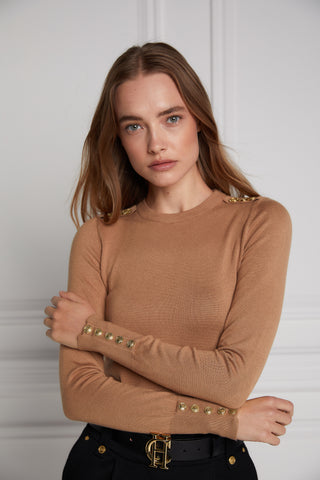 Buttoned Knit Crew Neck Dark Camel