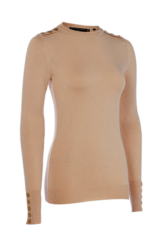 Buttoned Knit Crew Neck Dark Camel