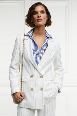 Double Breasted Blazer in Oyster Pin Stripe Linen