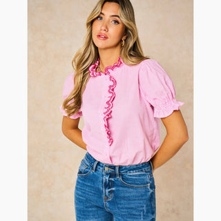 Candy Stripe Short Sleeve Cotton Shirt in Pink