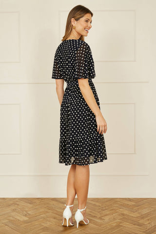 Yumi Navy Dot Print Mesh Stretch Midi Skater Dress: Navy