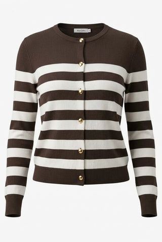 Amber Stripe Cardigan in Winter White and Chocolate Chip