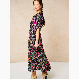 Pineapple Print Maxi Kaftan Dress in Black: Medium (UK 12-14)