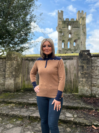 Gold Button 1/4 Zip Jumper Navy & Tan