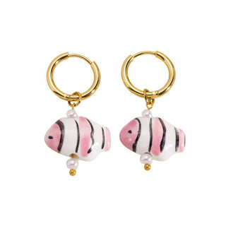 Ceramic Clownfish Pendant Earring in Pink & Gold