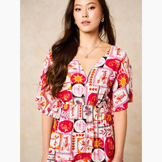 Postcard Print Maxi Kaftan Dress in Pink