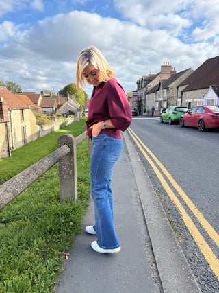 High Waisted Flared Denim Jean with Embroidery Feature in Indigo