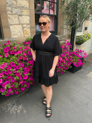 V Neck Lace Mini Dress In Black