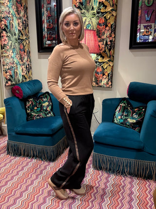 Wide Leg Trouser with side Geo detail in Black/Geo Gold