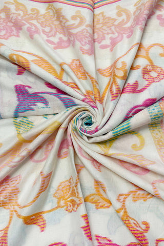 Ombre Floral Print Cotton Frayed Scarf: Cream