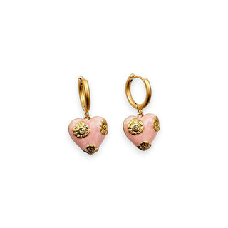 Flowered Heart Pendant Earring in Pink & Gold