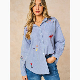 Embroidered Striped Long Sleeve Cotton Shirt in Blue