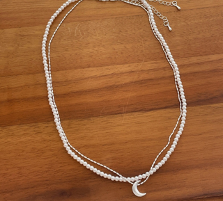 Double Layer Pearl and Brushed Moon Necklace in Silver